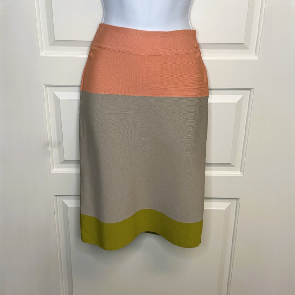 BCBG Max Azria Colorblock Bandage Skirt Bodycon Pencil Stretch Pink Beige Size L - Picture 4 of 6